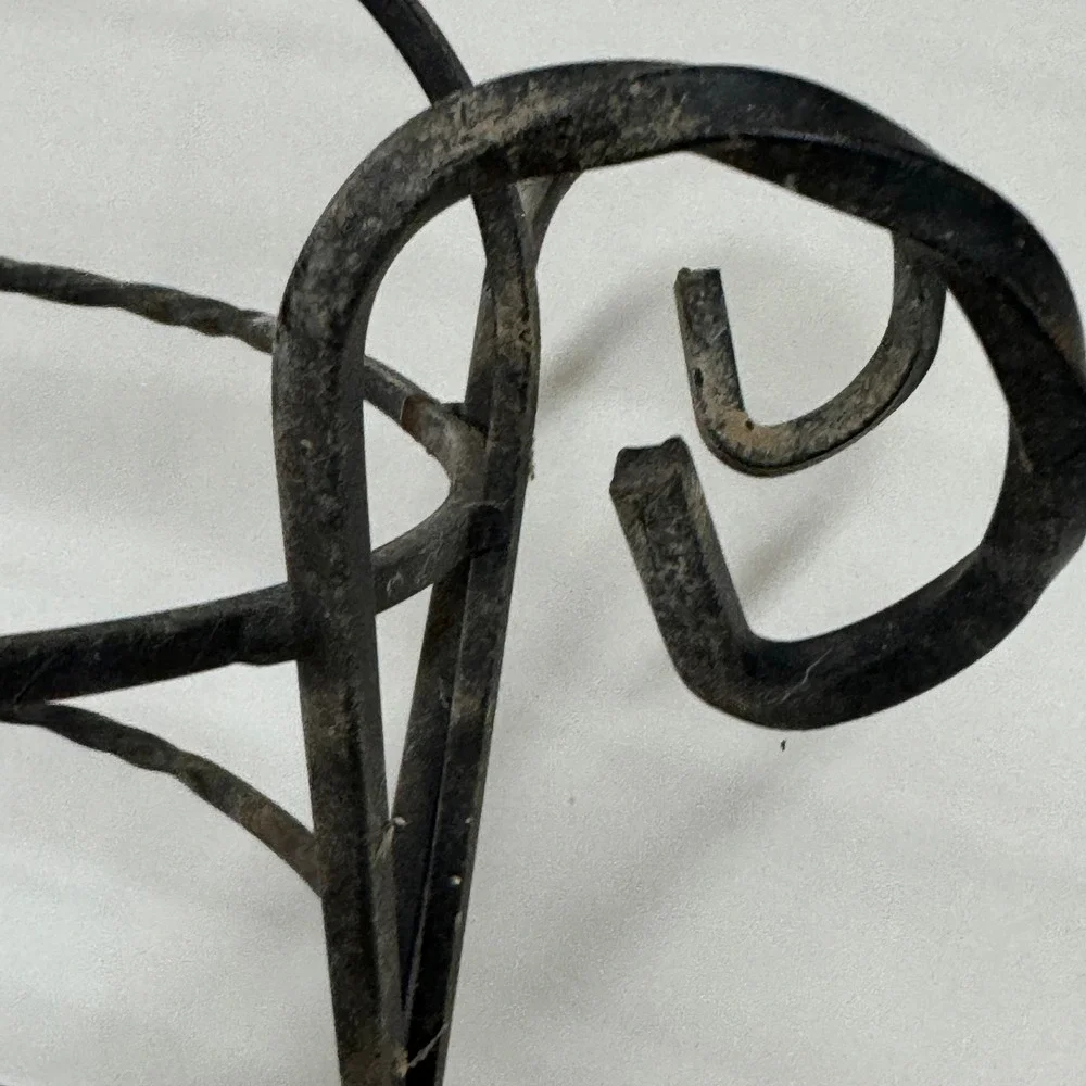 Vintage Primitive Wrought Iron Wire Basket Twisted Metal Scrolled Feet Black